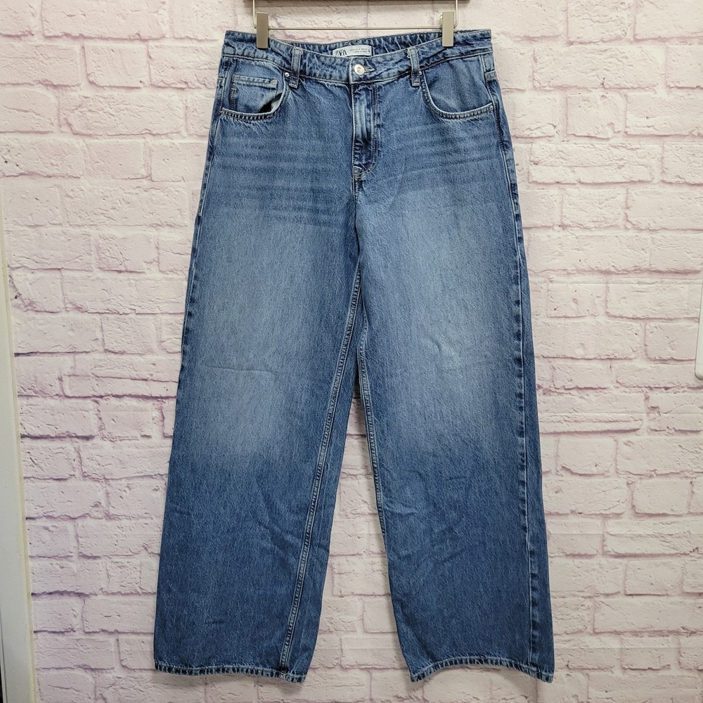 Zara Wide Barrel Leg High Rise Blue Denim Jeans Women 8 Streetwear Skater Casual